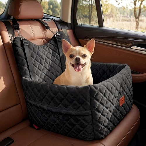 YITAHOME Dog Car Seat for Small Medium Dogs,Travel Pet Bed with Memory Foam Under 35 lbs Seat height 6,Two side storage bagsm Non-slip design Thick Cushion & 2 Safety Belts(Black)