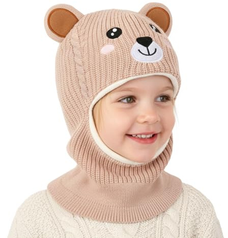 AYPOW Bambini Cappello Inverno da 1 a 7 Anni Caldo Berretto Fodera in Pile Antivento Cappuccio con Morbido a Maglia Sciarpa con Orecchie Animale Passamontagna Bambini Ragazzi Ragazze