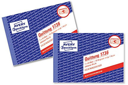 AVERY Zweckform 1736-2 Quittungsblock (A6 quer, 2x40 Blatt, mit Durchschlag, fälschungssicher, inkl. MwSt., für Deutschland und Österreich) Doppelpack weiß/gelb