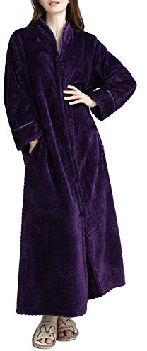 Kinloy Peignoir long à fermeture éclair pour femme avec doublure en polaire douce et moelleuse, très absorbant, confortable pour la détente à la maison, violet, L 10-14 UK