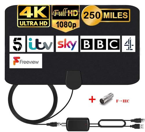 Antenne TV Interne avec amplificateur Signal antenne HDTV pour DTT DVB-T/DVB-T 2 avec câble de 4,4 m, antenne fenêtre pour réception TV numérique HD/VHF/UHF/FM