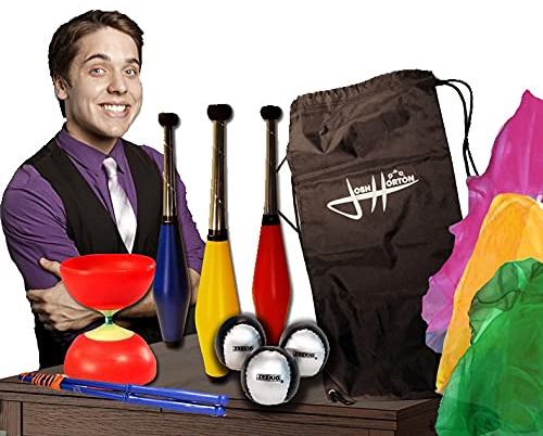 Zeekio Complete Juggling Set by Josh Horton - Set of Juggling Scarves, Beginner Juggling Balls, Pixie Juggling Clubs, Diabolo