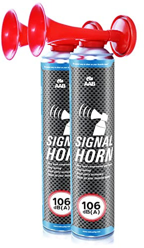 2 x AAB Signal Horn – Laut Nebelhorn 106 dB(A) Mit Nicht Brennbarem Gas, Bis Zu 320 Kurze Pieptöne, Fanfare, Fußball Airhorn, Gasfanfare, Pressluft Luftdruck Tröte, Drucklufthupe