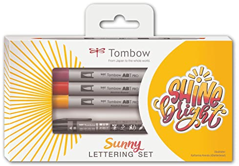 Tombow LS-ABTP, Sunny Lettering Set für farbstarke Letterings, 3x ABT PRO Marker & Fudenosuke twin + Anleitung, perfekter Start ins Lettering mit alkoholbasierten Markern