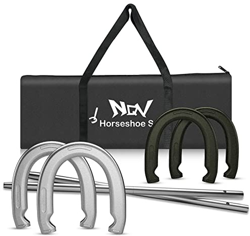NQV Horseshoe Outside Game,Horse Shoe Game Kit,Horseshoe Set on Lawn Beach Soil Outdoor Backyard Adults. 4 Traditional Heavy Duty Forged Steel Horseshoes Regulation Size+2 Forged Steel Stakes+1 Bag
