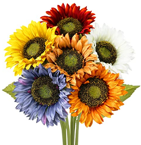 Olrla 6pcs Fiori artificiali vintage girasole, stelo lungo singolo in seta, per tavolo da matrimonio, centrotavola per decorazione casa, giardino, feste (6 colori misti)