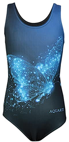 Aquarti Badeanzug Mädchen – Sportlicher Mädchen Badeanzug mit Ringerrücken Print, Farbe: Schmetterling Blau/Schwarz, Größe: 170