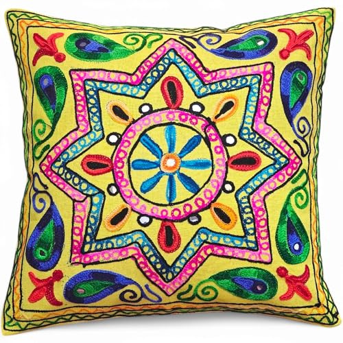 Original Kikan Funda de cojín estilo bohemio con diseño de estrella india Suzani, 40 x 40 cm, bordado multicolor de Suzani, 40,6 x 40,6 cm, fundas de cojín étnico, vegano, ecológico (amarillo)