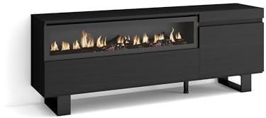 Skraut Home | Mobile TV Soggiorno | Ampio spazio a disposizione | 150x57x35cm | Per TV fino a 65 | Camino elettrico | Design industriale | Stile moderno | Nero