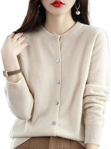 Newdvmmss Cardigan Donna Cashmere, Bottone sul Davanti, Maniche Lunghe, Maglia Morbida e Calda, Elastico, Collo Tondo, Bottoni, Maniche Lunghe, Lana Inclusa,Beige,M