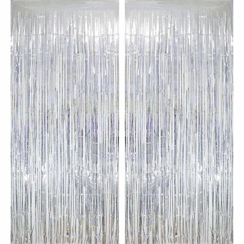 Tinsel Curtains Silver Glitter Metallic Foil Fringe Curtain Backdrop Decor | 2Pcs 3.3 x 8.2ft for Photo Booth Props, Disco, Bachelorette, New Years Eve, Engagement, Silver Birthday Party Decorations