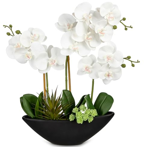 Briful Orchid Fake Flowers 17in White Artificial Orchid Silk Flowers in Black Pot Faux Orchid Arrangement for Home Office Bathroom Dining Table Modern Decoration