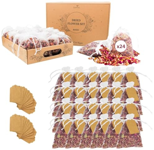 CULTIVEA® Bandeja de 24 Bolsas de Flores secas Naturales – Rosas – Flores para Boda, cumpleaños, Fiesta – Decoración de Boda – Confeti – Velas y resinas – Pétalos de Rosa Secos