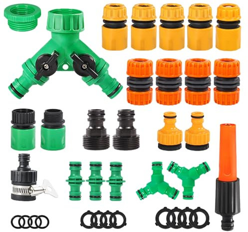 Lvjkes Kit irrigazione giardino, 36 Pcs Raccordi per tubi irrigazione 1/2'', Con sdoppiatore rubinetto giardino, Adatto a luoghi esterni come giardini e balconi
