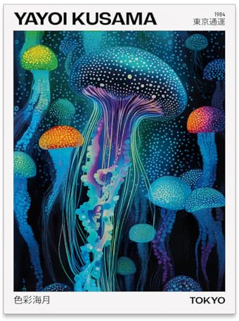 rumlud Colorful Ocean Jellyfish Wall Art Unique Japanese Animal Posters Yayoi Kusama Canvas Prints for Living Room Bedroom Wall Decor 12X16 inch Unframed