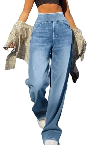 liangp Jeans for Women UK,Wide Leg Jeans for Women UK High Waisted Pull On Tummy Control Straight Tube Baggy Loose Fit Ladies Casual Trousers Denim Pants