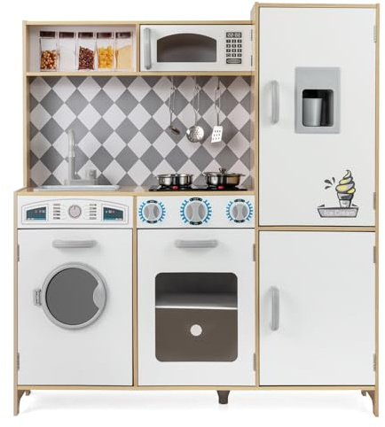 COSTWAY Kids Wooden Kitchen, Pretend Play Kitchen with Light, Sound, Ice Maker, Washing Machine, Oven, Microwave & Utensils, Large Children Chef Role Playset for Boys Girls (Natural+White)