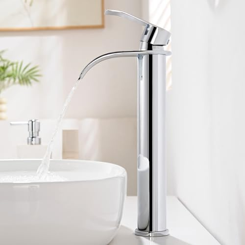 CECIPA Alto Rubinetto Bagno Lavabo Cromo a Cascata, Miscelatore Lavabo Bagno con Becco Altezza 24,5cm, Rubinetto Lavandino Alto in Acciaio Inox 304