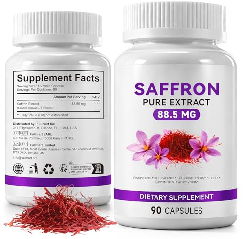Safran Lot de 90 capsules de safran – 88,5 mg d'extrait de safran sauvage par capsule – Soutien naturel pour l'humeur, l'énergie et la santé des yeux