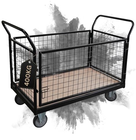 PROREGAL Carrello professionale con piattaforma e sponde in rete rimovibili | AxLxP 104x135x67 cm | Portata 400 kg | 2 ruote girevoli con freni di bloccaggio e 2 ruote fisse | Nero
