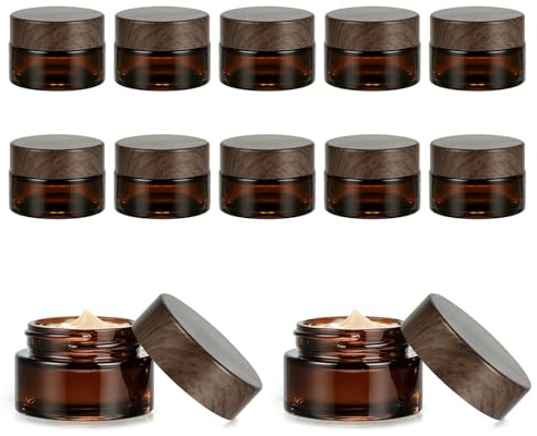 Set di 12 barattoli di vetro marrone da 20 ml con tappo a vite con inserto spatola ed etichette per cosmetici crema oli e unguenti contenitori da viaggio (Effetto Legno)