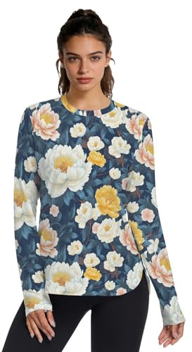 Kinesisk stil pioner blommönster träningströjor för kvinnor UV SPF UPF 50+ snabbtorkande långärmad utslagsskydd för gym löpning vandring XS-3XL