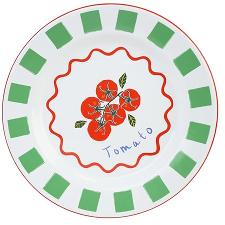 Talking Tables Plato de cena esmaltado hecho a mano de 25 cm con diseño de tomate, plato duradero para el hogar, ligero para comedor al aire libre, picnic, camping, playa, vajilla de verano, apto para