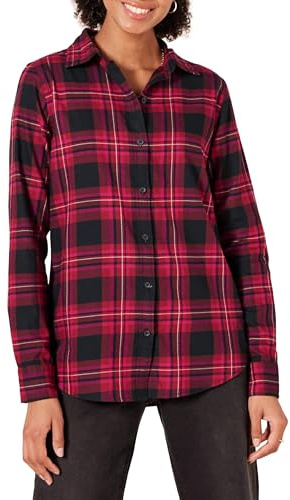 Amazon Essentials Camisa de Franela Ligera a Cuadros de Manga Larga y Ajuste clásico para Mujer, Color Negro y Rosa, Talla XL