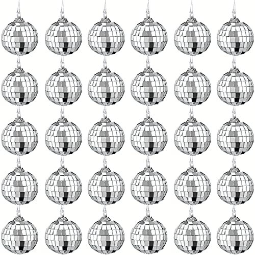 Skylety 30 Pcs 1.6 Inch Mirror Disco Ball 50's 60's 70's Disco Party Hanging Decoration DJ Light Effect Silver Stage Props Hanging Ball for Christmas Tree Ornament Decoration Game Accessories