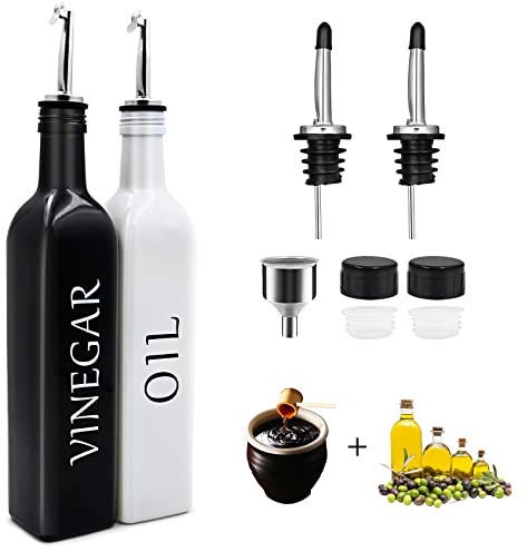 Mailesi Set Distributeur de Vinaigre et D'huile, Bouteille Huile Olive Blanche et Distributeur de Vinaigre Noir avec Bec Verseur et Entonnoir, Ensemble en Verre 500 ML pour Cuisine de Ferme