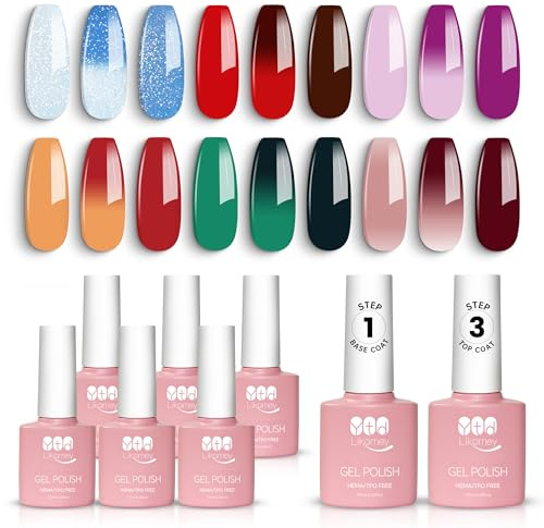 YTD Likomey UV LED Nagellack Set - 6 Färger Temperaturfärg Med Base Och Top Coat Kit - Färgskiftande Manikyr Polish, Kameleontfärg - 8 Pcs 7.5ml