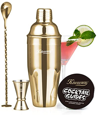 KITESSENSU Cocktail Shaker Set, Stainless Steel Bartending Kit with 25 Ounce Cocktail Shaker with Built in Drink Strainer, Measuring Jigger, Mixing Spoon & Drink Recipe Guide, Gold