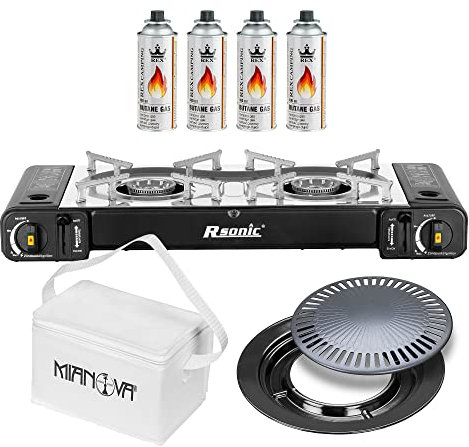 Mianova Campingkocher Doppel Gaskocher 2 flammiger Anzünder Grill Grillanzünder Kühltasche Gaskartuschen Gas Kocher Set Schwarz Grillplatte 4 Gasflaschen