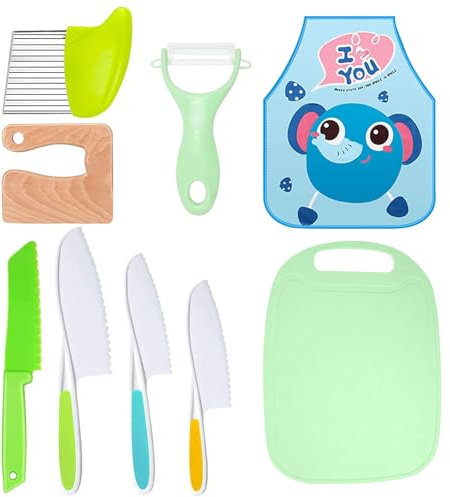 MeYuxg Couteau Cuisine Enfant 9 pièces, Chef Club Kids, Ensemble de Couteau Enfant Comprenant un Couteau en Bois pour Enfants, Couteau Dentelé en Plastique, un éplucheur, une Planche à Découper, Vert