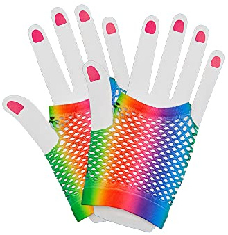 Wicked Costumes Adult 80's Rainbow Fingerless Net Gloves - Fancy Dress Accessory