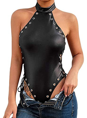 TOEECY Body sin Mangas Mujer Sexy Halter Cuello Alto Bodysuit Ajustado Efecto Cuero Moldeador Cuerpo Entero Top Elegante Monos Jumpsuit Ropa Verano Camiseta Fit