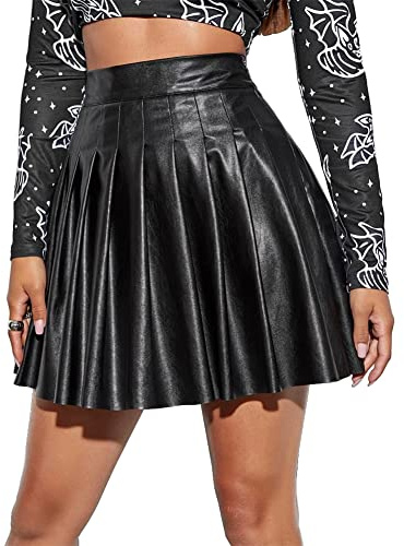 IWEMEK Sexy Women PU Faux Leather Pleated Skater Skirt High Waist Metallic Glitter Liquid Wet Look Ruffle Flared A-line Tennis RARA Skirts Casual Party Dance Gothic Cheerleader Costume