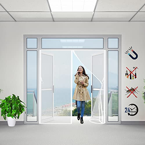 Magnetic Fly Screen Door, 160x200cm Insect Protection, Balcony Door Fly Curtain with Magic Paste, Mesh Curtain Keep Fresh Air in & Bugs Out(White)