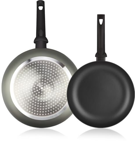 ALZA Giro - Set de Sartenes Grises 20 + 26cm, Aluminio Prensado Grueso, Antiadherente Doble Capa, Todo Tipo de Cocinas, Inducción y Lavavajillas