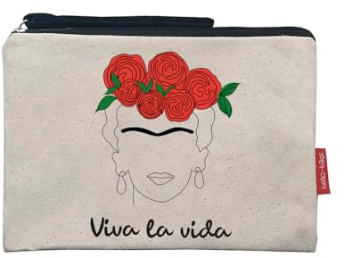 Hello-Bags. Necessaire/Pochette. Esterno: 100% cotone. Con cerniera interna e fodera. Include una bella busta regalo kraft. Modello VIVALAVIDA. Colore: Écru/Nero. Misure:23x15,5 cm.