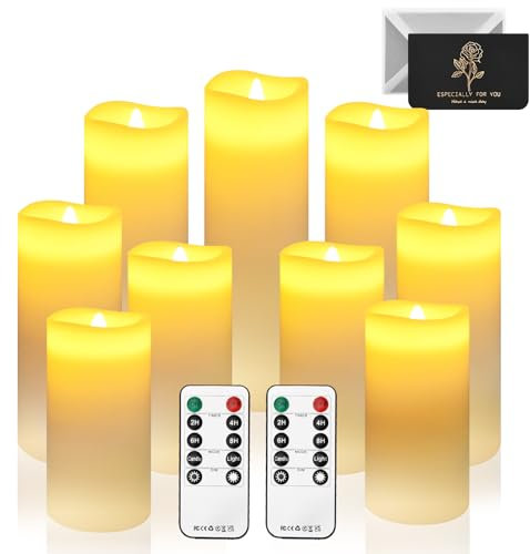 UCAMP LED Kerzen,Flammenlose Kerzen Set von 9,Batteriebetrieben Kerzen Flackern,5xH13/14/16/18/20/22cm,Echtwachs-Stumpenkerzen mit Fernbedienung und 24-Stunden Timerfunktion（Batterien nicht enthalten）