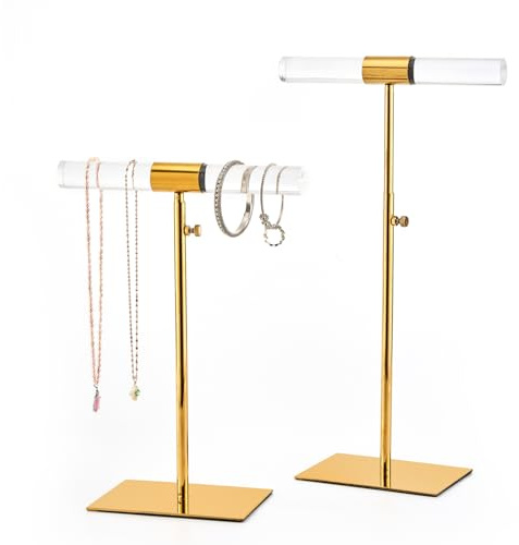 CHANJEYION Set of 2 Acrylic Display Stand Jewelry Towers Stands Stainless Steel Adjustable Height Long Necklaces Stand Tabletop Jewelry Organizer for Home Store Boutique