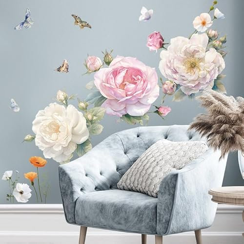 SHUCHING Grands Stickers Muraux 3 Fleurs Pivoine, Autocollants Mural Fleur Rose, Décoration Murale pour Salon Chambre Fille