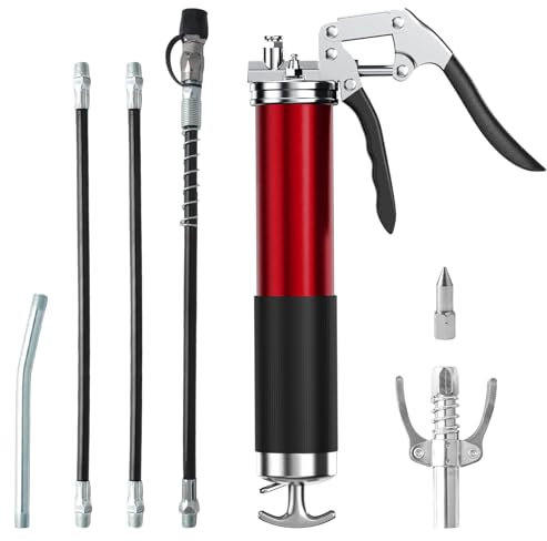 XIAQICA Ingrassatore Manuale 8000PSI Cartuccia Grasso per Ingrassatore con Impugnatura, Ugello, Tubo Flessibile e Tubo Metallico per Cartucce da 400g, Rosso