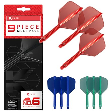 TARGET Darts K-Flex integrerade dartflygningar och axlar, mellanstam (26 mm), nr.6 flygning, 9-pack bunt, röd, blå och grön