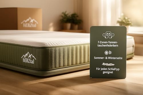 hERZtal 7-Zonen Taschenfederkernmatratze 140x200 cm – 18 cm hoch, All in One, punktelastisch & atmungsaktiv, Sommer-/Winterseite, Bezug abnehmbar & 60 °C waschbar, Zertifiziert