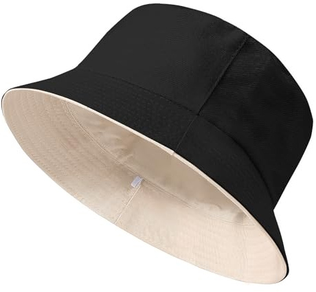 TOMEEK Fiskarhatt för män, hinkhatt, solhatt, vändbar, fiskarhatt, bomull, sommarhatt, unisex, fiskarhatt, dubbelsidig fritidshatt, vikbar, enfärgad, Svart beige, M
