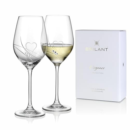 Brilant Copas de vino blanco, juego de copas de vino hechas a mano con corazones grabados, regalos para mujeres, líneas pulidas y cristales Swarovski, juego de vasos moderno, paquete de regalo, 2