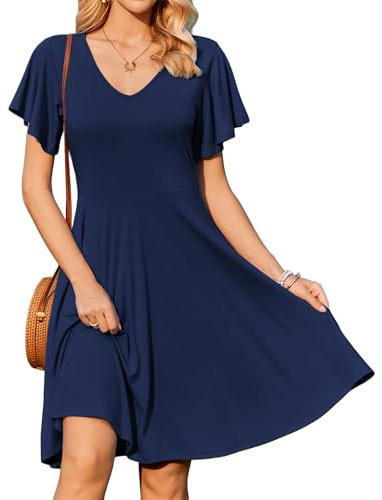 Zeagoo Damklänning, knälång sommarklänning, V-ringad, fritidsklänning, volanger, ärmar, strandklänning, elegant, A-linje klänningar med fickor, Blåviolett, S