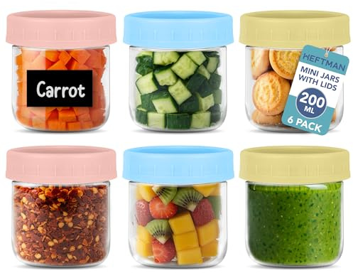 HEFTMAN Small Breakfast Pots with Lids - 6 x 200ml Small Storage Jars with Lids for Lunch Box, Sauces, Fruits Airtight Glass Overnight Oats Jars for Fridge, Pantry (200ml, 6 Pack)